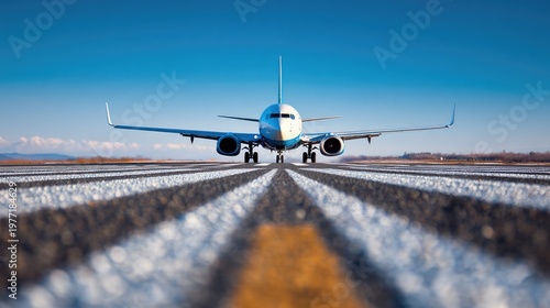 Airplane on Runway Ready for Takeoff with Clear Blue Sky and Striped Asphalt Leading to Horizon