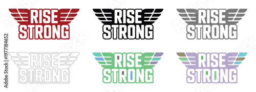 Wings accompany the Rise Strong text in this set of six distinct graphic layouts.