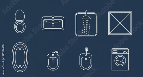 Collection of bathroom fixtures and appliances line art icons.