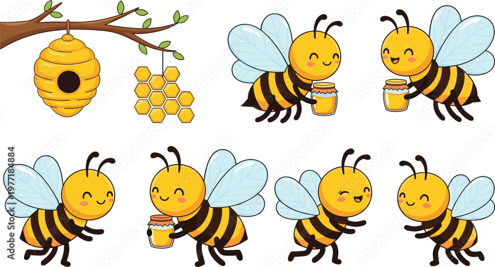 Fototapeta premium bee, cartoon, insect, honey, honeycomb, jar, cute, animal, character, honeybee, insectillustration, beeillustration, cartoonbee, honeyjar, nature, happybee,