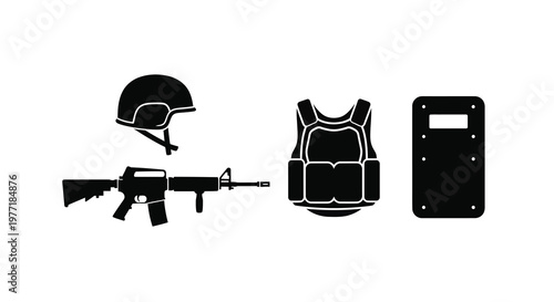 Black silhouette icons depicting protective gear and a firearm