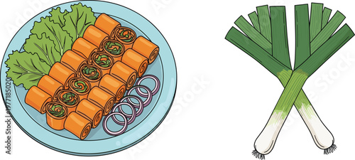 Fresh Spring Rolls with Vegetable Filling Served on Plate with Green Onions Healthy Asian Cuisine Vector Illustration Set