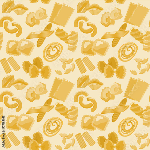 Seamless Italian Pasta Types Pattern on Light Beige Background Illustration