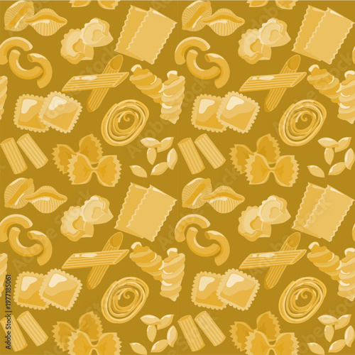 Seamless Italian Pasta Types Pattern on Dark Olive Green Background Illustration
