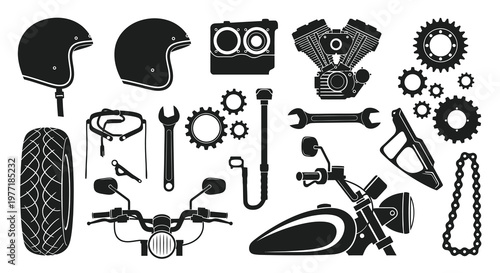 Collection of black and white motorcycle parts and accessories displayed together