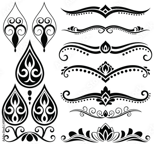 Thai art silhouette motifs collection with decorative elements, traditional ornamental patterns, cultural design symbols and elegant Asian style vector illustration for creative projects