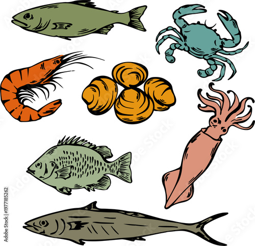 Seafood and fish collection hand drawn vintage style vector illustration