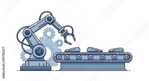 Automated Robotic Arm Working on a Conveyor Belt Production Line.