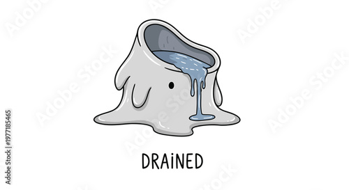 Sad melting ghost, drained emotions, blue liquid spill, cartoon character, white background