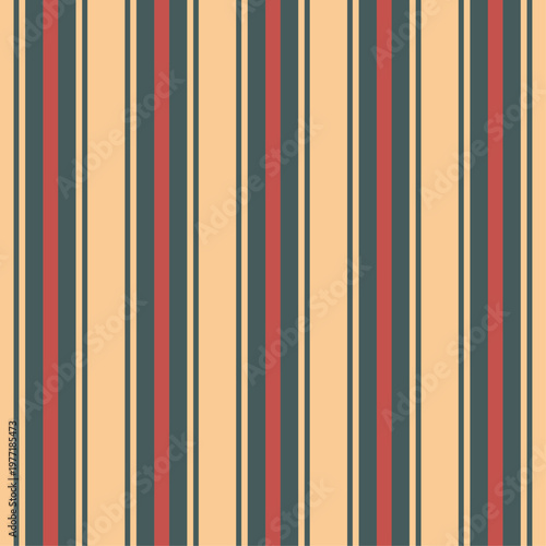 Seamless Vertical Stripe Pattern in Beige, Teal, and Red, Vintage Retro Geometric Background for Fabric Print, Textile Design, Wallpaper, Wrapping Paper, Classic Nautical Style Vector Illustration.