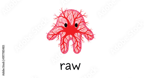 Raw, cartoon kidney with vascular system, medical illustration, anatomy vector