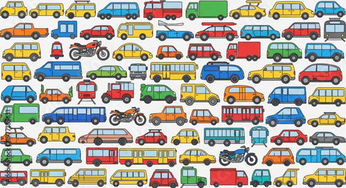 Collection of colorful cartoon vehicles for transportation and travel.
