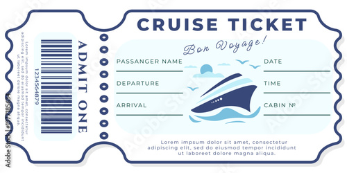 Cruise boarding pass template with ocean liner and sea background illustration, blank information fields and text. Vector template for cruise travel