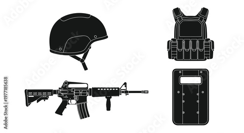 Black silhouette of tactical gear including helmet vest rifle and shield