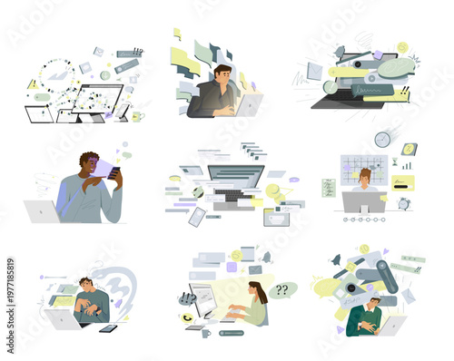 Overloaded workflow concept with laptop and notifications, multitasking stress, productivity burnout, flat vector illustration