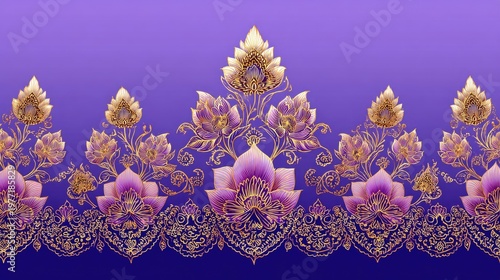 Elegant Purple and Gold Lotus Floral Pattern for Background, Textile, and Decorative Design Uses in Various Applications