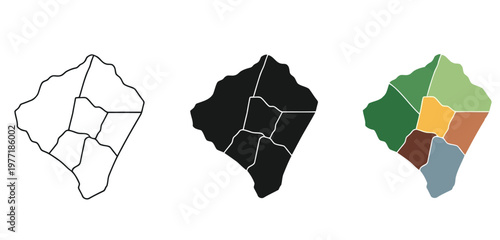 Set of three maps of the same region with different styles, including outline, solid black silhouette, and colorful flat design