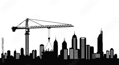 Black silhouette of a cityscape with a large construction crane in foreground