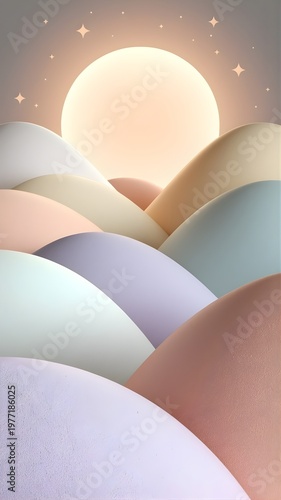 3D Illustration of Rounded Layered Hills Bathed in Soft Moonlight – Peaceful Serenity Scene.
