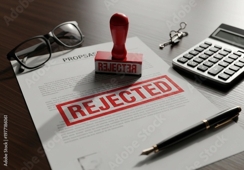 Loan Application Rejected with Red Rubber Stamp on Financial Document with Calculator and Glasses on Desk