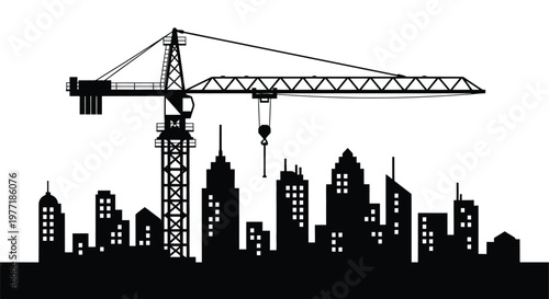 Silhouette of a construction crane overlooking a city skyline