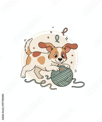 Cute cartoon dog unraveling colorful yarn ball, playful flat design vector illustration