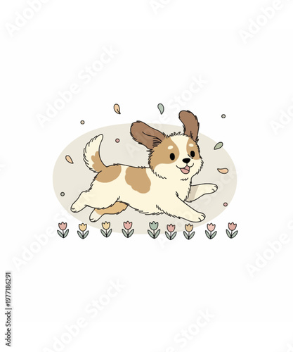 Cute cartoon corgi dog running happily in a floral meadow, cheerful vector illustration