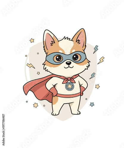 Cute cartoon dog superhero with mask cape and star background vector illustration