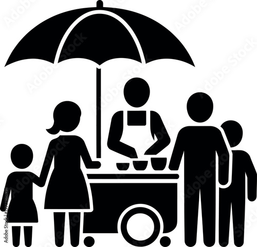 Community food distribution under an umbrella shelter for safety and accessibility