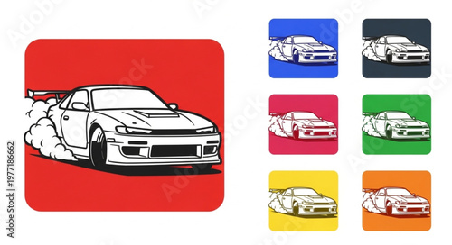 Drifting Sports Car Icon Set with Smoke Effect.