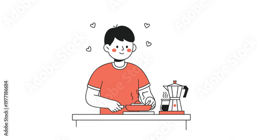 vector, illustration, coffee, man, morning routine, breakfast, cartoon