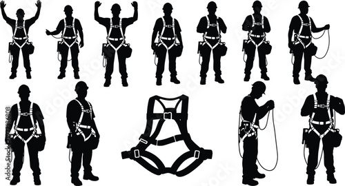 Industrial construction worker silhouettes wearing safety harness and protective gear for fall protection and occupational height safety equipment during work