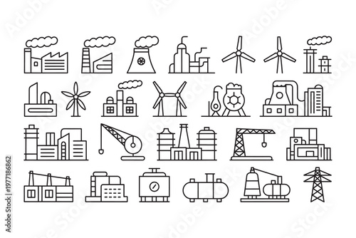 A collection of black line representing industrial and energy-related line factories wind turbines d