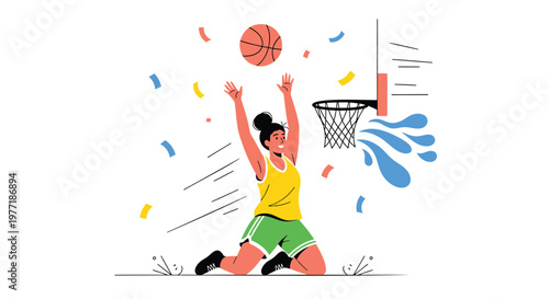 Basketball player, woman dunking ball, sports illustration, action scene, athletic competition