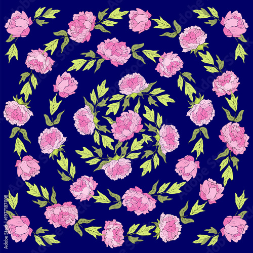Square floral pattern with pink flower garlands on a dark blue background. Vector illustration, hand drawn.