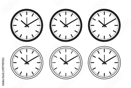 Analog clock in different styles black white symbols desig