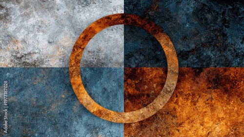 Grunge Background with Textured Orange and Blue Circle on Rusty and Metallic Surfaces for Artistic and Creative Design