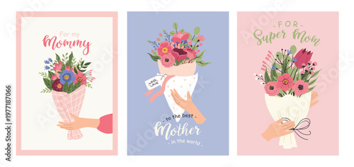 A collection of Mother's Day cards. Postcard for Mother's Day, motherhood and childcare.