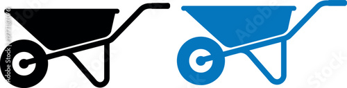 Comparison of black and blue wheelbarrows in simple line art style
