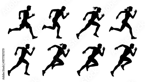 Running silhouettes set of men and women sprinting, Athlete runners group in motion vector illustration, Fitness people jogging and sprinting black silhouettes, Active people running set isolated on w