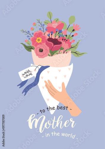 Cute Mother's Day card with a bouquet of flowers. Postcard for Mother's Day, motherhood and childcare.