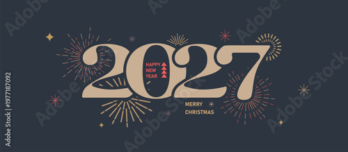 A horizontal banner for New Year and Christmas celebrations. The 2027 New Year s card features a dark background, a beige logo, and a background with the New Year s numbers.
