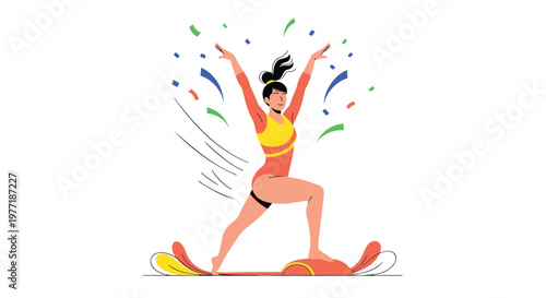 Woman celebrating, happy dancer, colorful confetti, fitness icon
