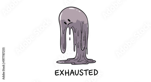 Cartoon exhausted emoji, melting face, purple color, emoticon, tired expression, vector illustration