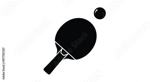 Black silhouette of a ping pong paddle and ball on white background