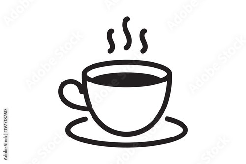 Black and white line of a steaming cup of coffee on a saucer desi