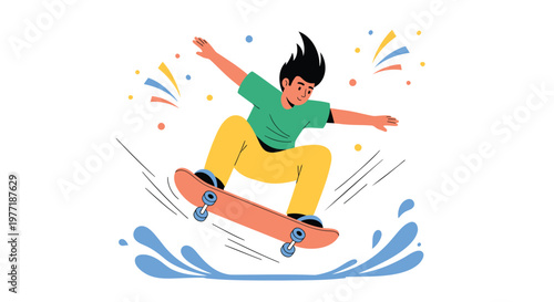 Skateboarder, cartoon boy, jumping skateboard, colorful illustration, action sports