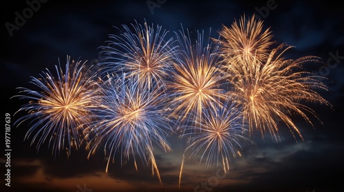 Vibrant Fireworks Display Illuminating Night Sky with Dark Blue and Black Background during Celebration Event