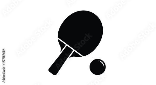 A simple black silhouette illustration of a ping pong paddle and ball