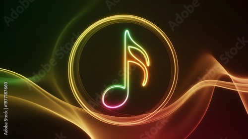 Vibrant neon effect glowing music note abstract art with colorful light trails